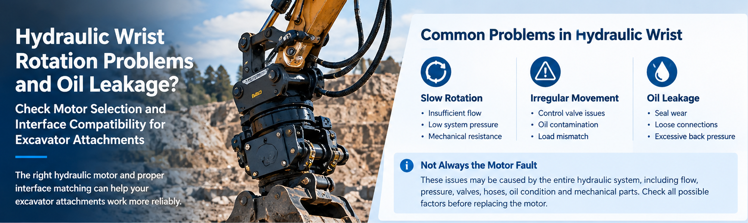 أحدث مدونات الشركة حول Hydraulic Wrist Rotation Problems and Oil Leakage: Checking Motor Selection and Interface Compatibility for Excavator Attachments